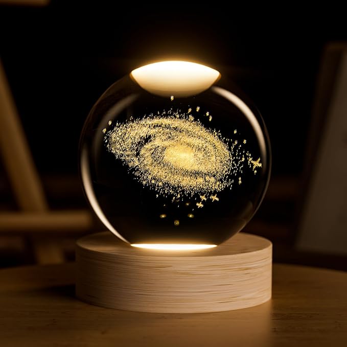 3d Galaxy Solar System Crystal Ball Night Light With Wooden Base