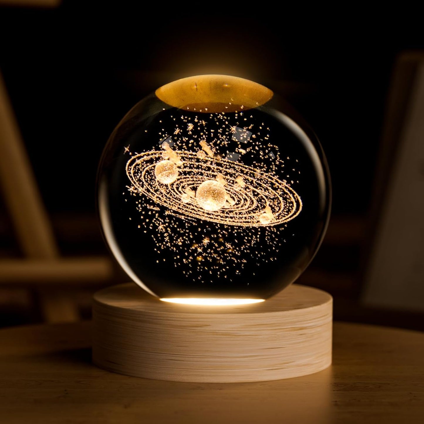 3d Galaxy Solar System Crystal Ball Night Light With Wooden Base