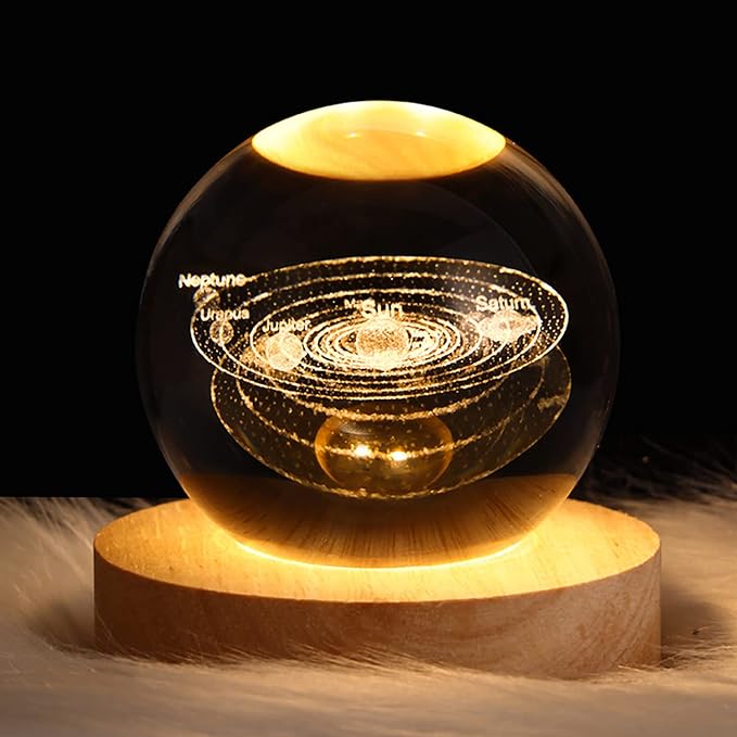 3d Galaxy Solar System Crystal Ball Night Light With Wooden Base